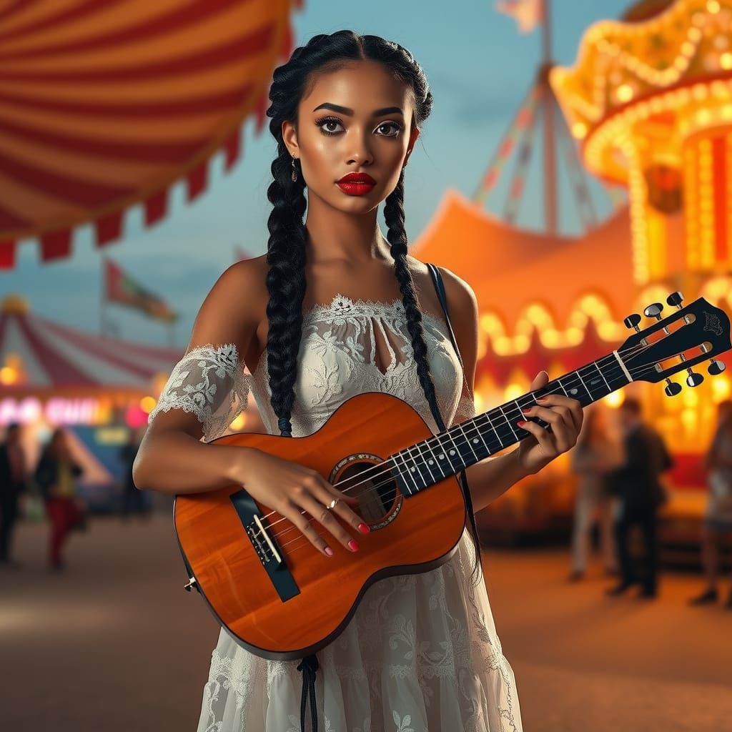 Elegant Woman with Guitar in Vibrant Circus Setting