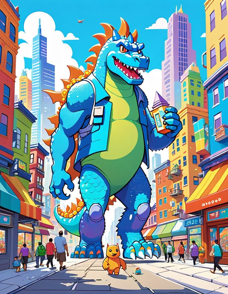 Adorable Cartoon Kaiju Family Stomping Through City