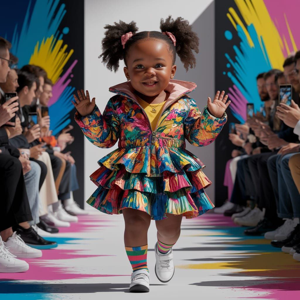 Black Girl Strides Runway in Colorful Avant-Garde Fashion