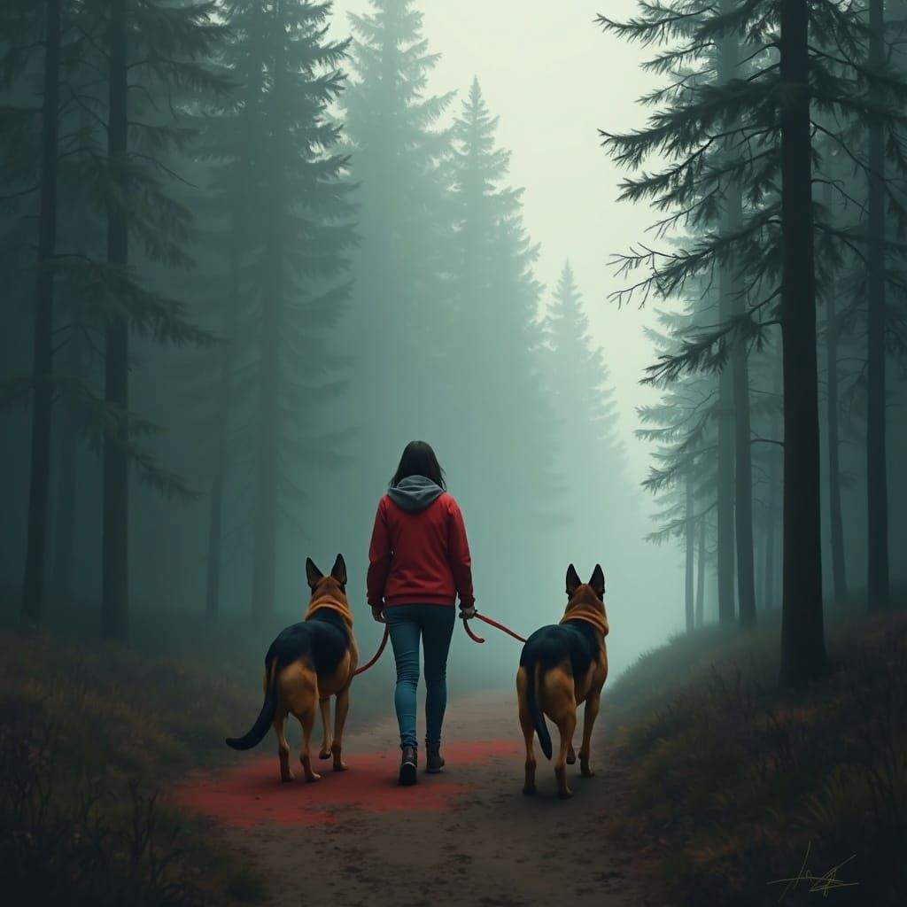 Woman and German Shepherds in Misty Forest