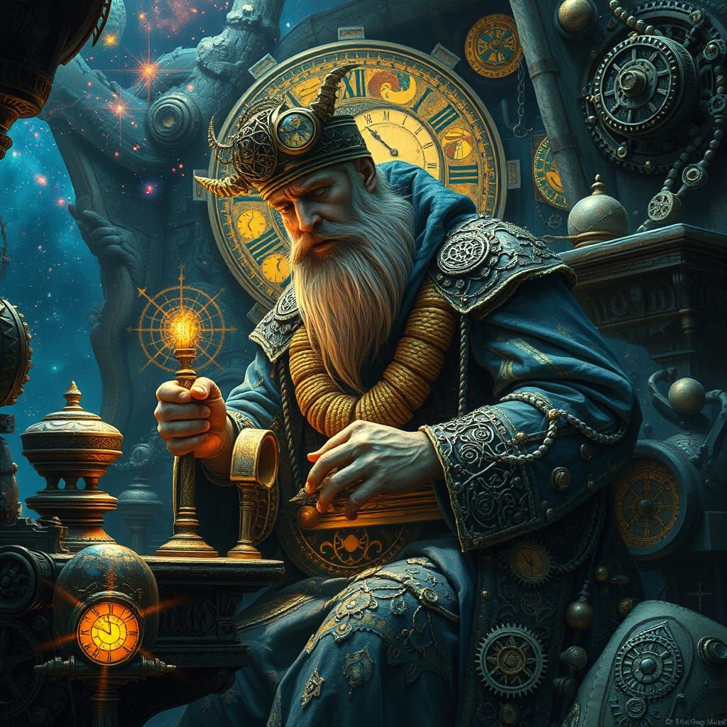 Celestial Clockmaker in Neptune Workshop, Art Nouveau Style