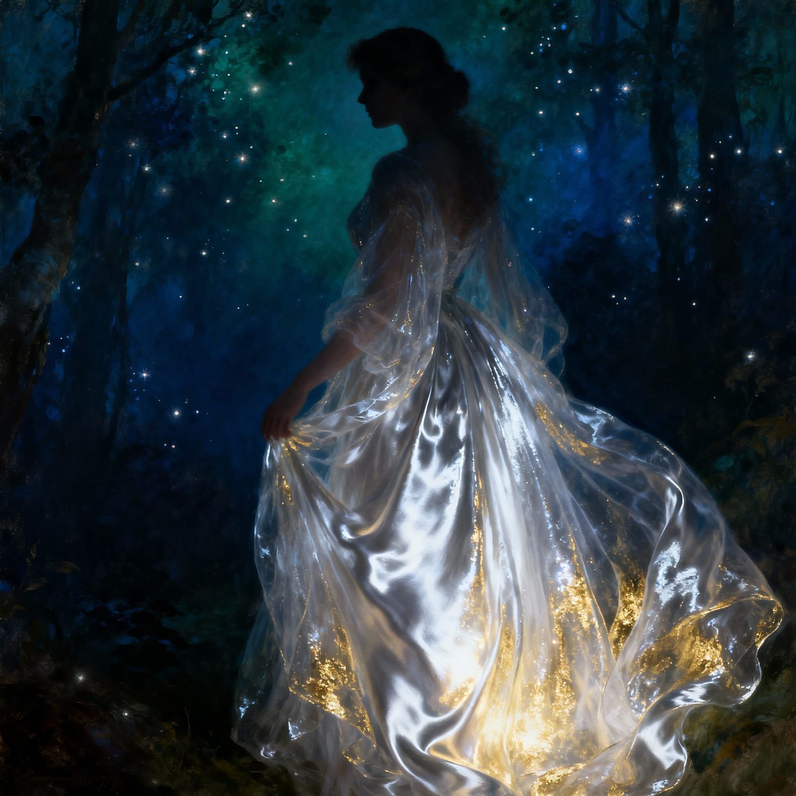 Woman's Silhouette in Twinkling Forest, Dreamlike Realism