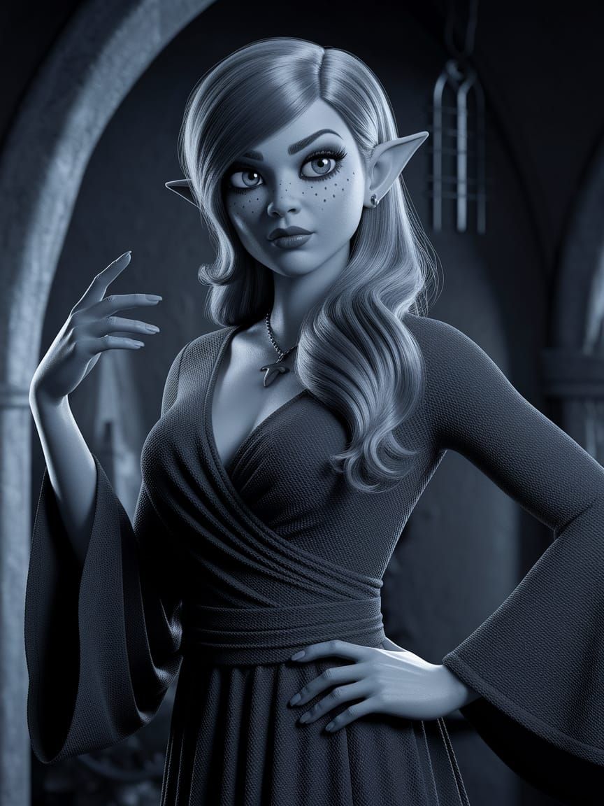 Mystic Pixie Shaman Witch in Grayscale Charcoal