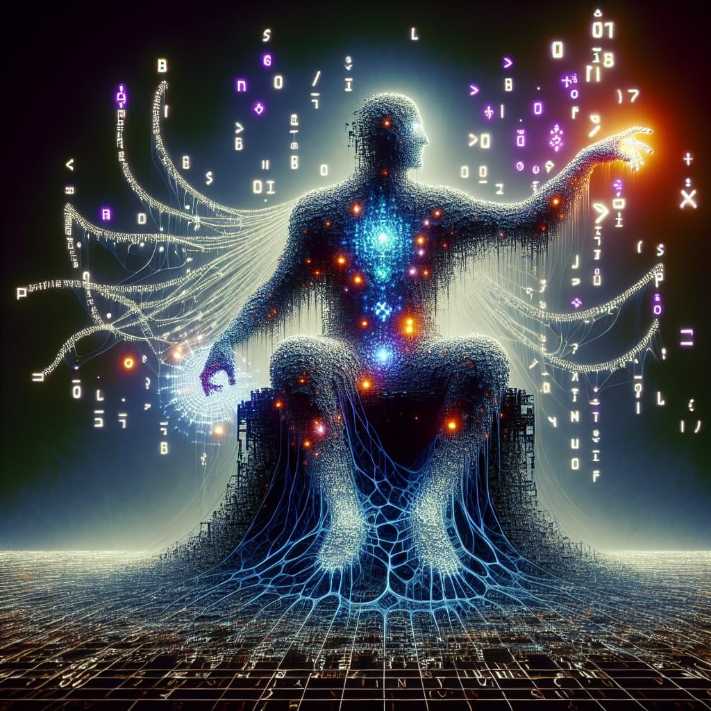 ASCII Character Figure on Throne in Bauhaus Style