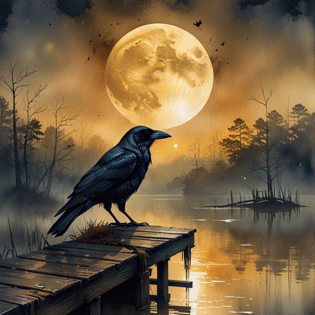Dark fantasy art dark eerie pier over the swamp under a moody amber gold full moon with a sitting crow antique watercolo...