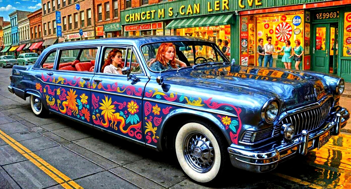 Rockabilly Lincoln: Redhead Drives Green Limo with Dice & Gu...