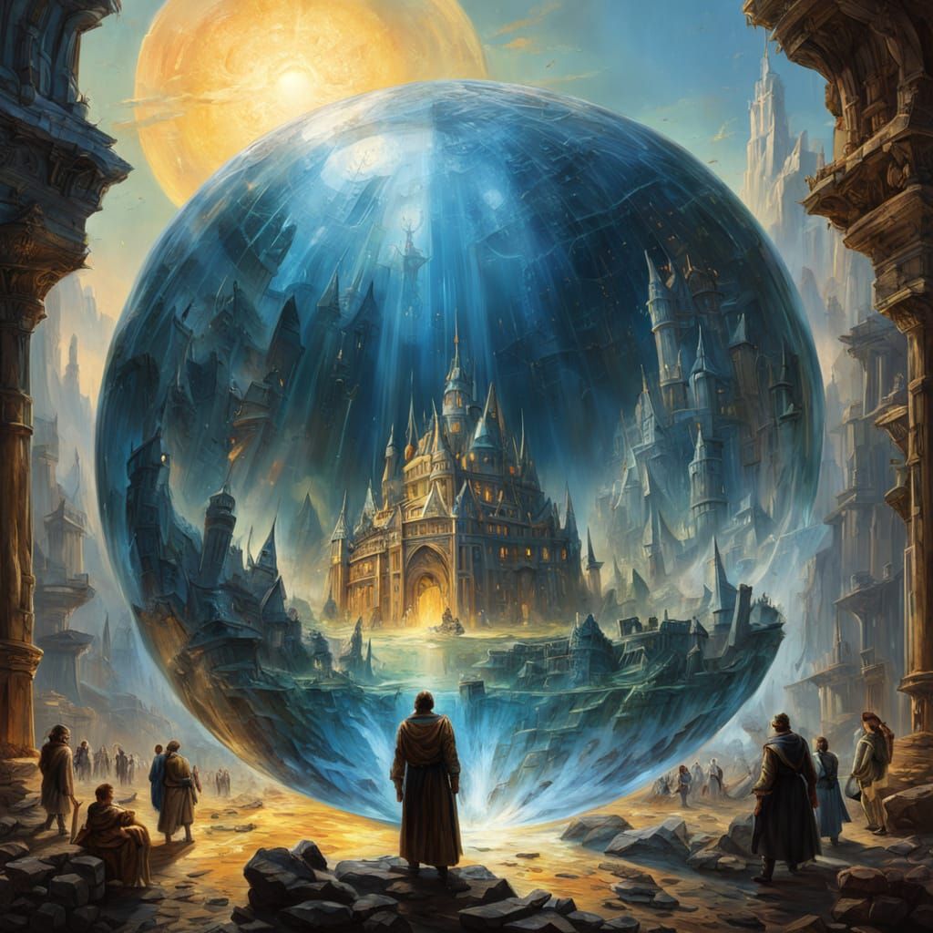 Civilization Inside Crystal Sphere, Oil Painting Style