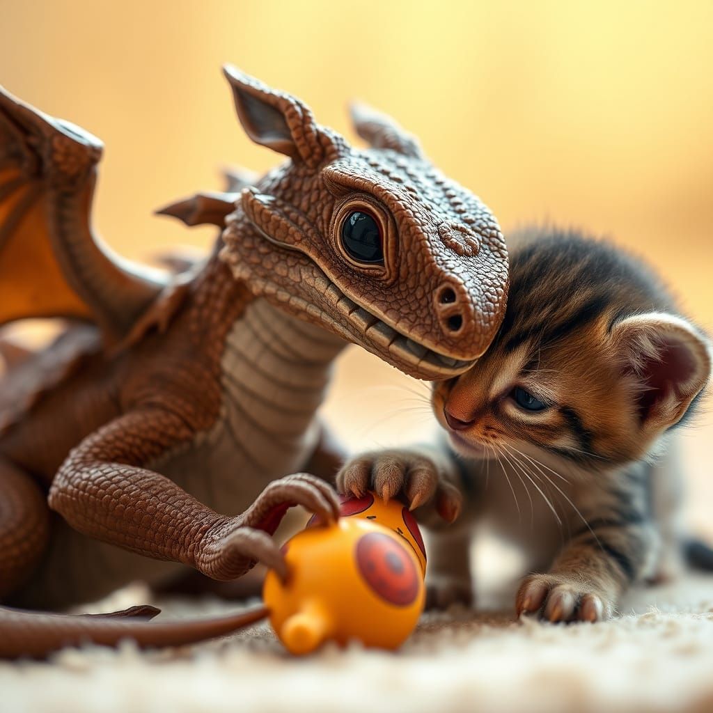 Dragon and Kitten Play in Soft Light