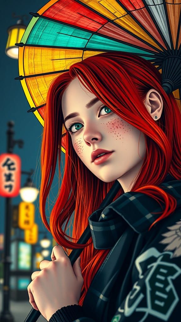 Vibrant Ukiyo-E Inspired Redheaded Woman Holds Colorful Umbr...