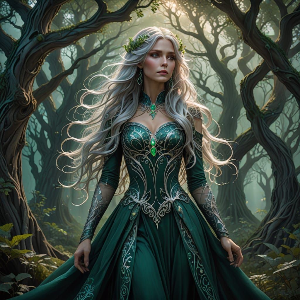 Ethereal Woman in Misty Grove, Art Nouveau Style