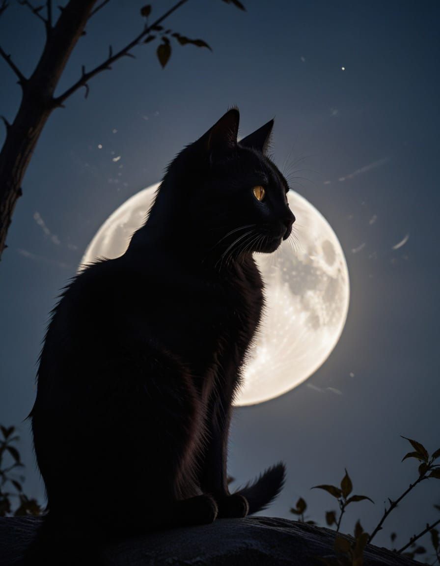Mysterious Black Cat Silhouette in Moonlight