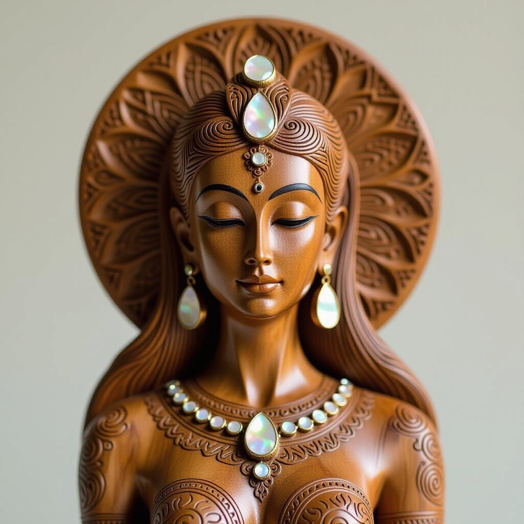 Elegant Wooden Goddess Figurine with Pearl Inlay