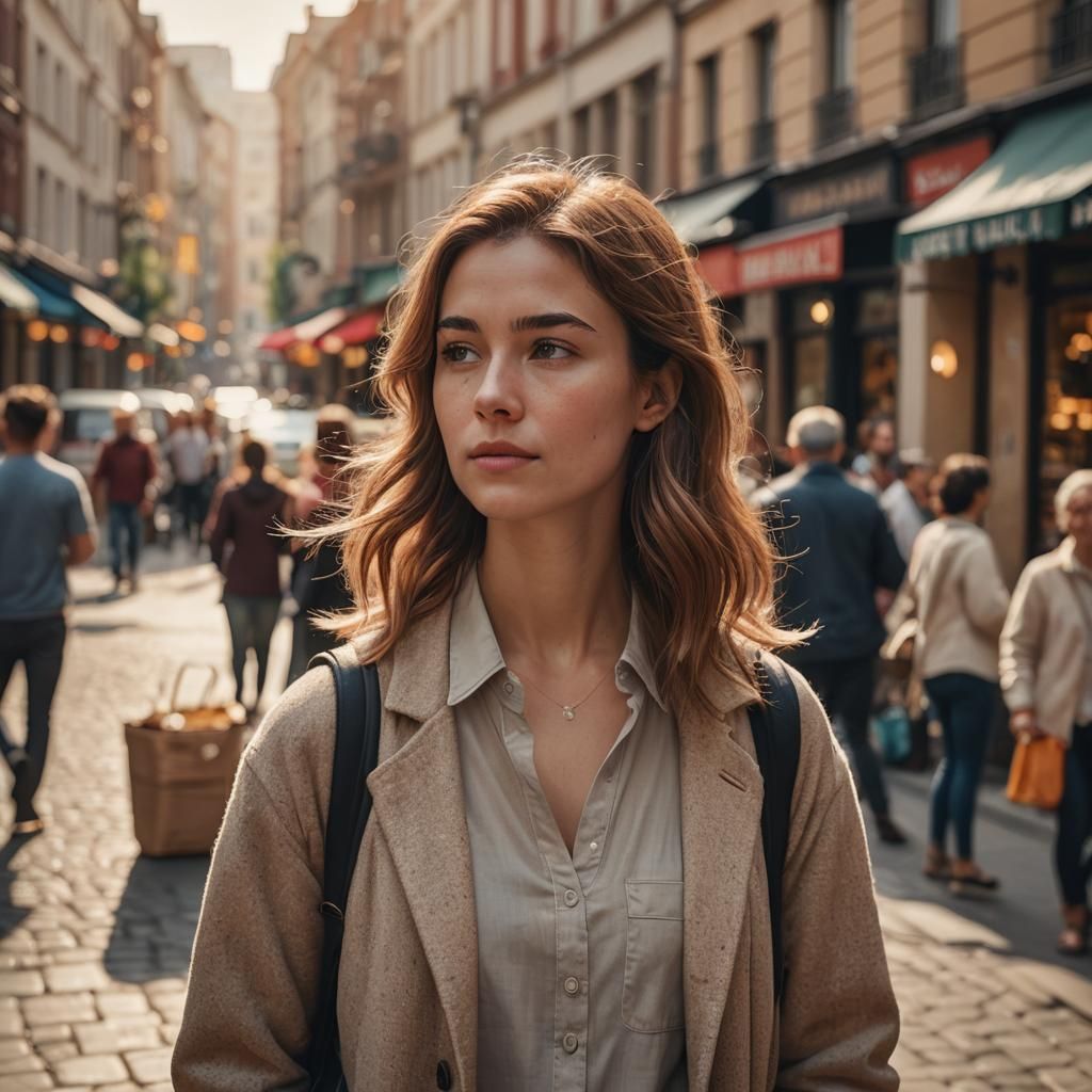 Confident Woman in Bustling Street: Hyper-Realistic Photo