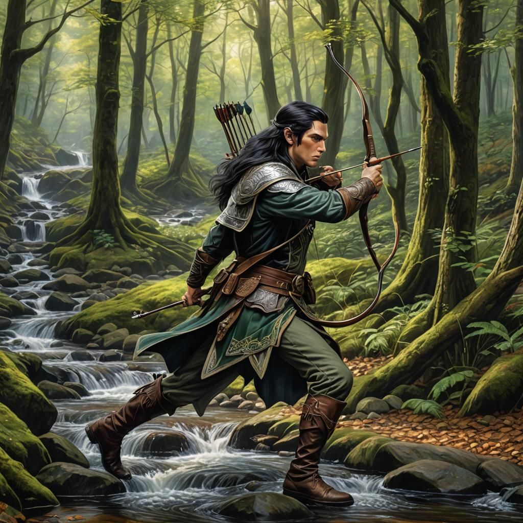 Half-Elf Ranger in Forest, Colored Pencil Drawing