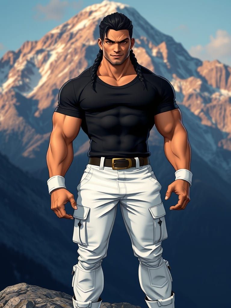 Confident Hero Against Majestic Mountain Landscape