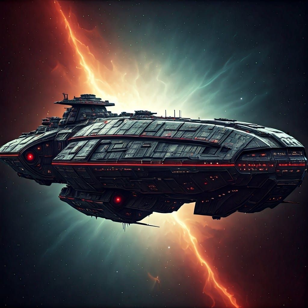 Colossal Space Warship Amidst Ethereal Nebula