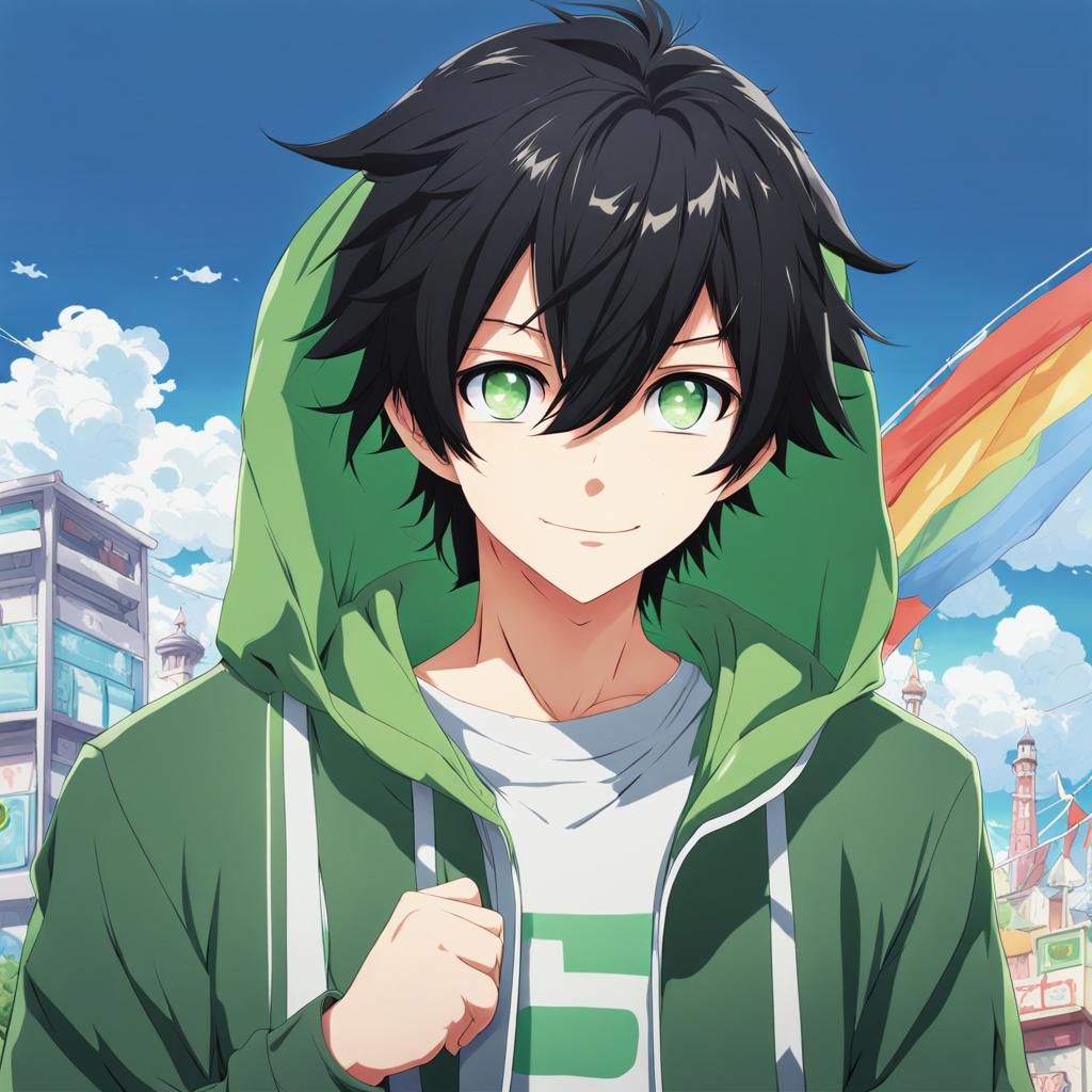 Cute Anime Boy with Green Eyes and Blue Hoodie