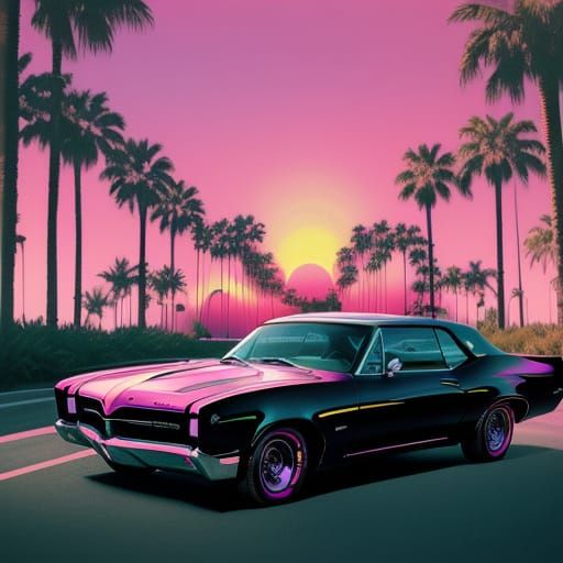 Vaporwave Couple in Vintage GTO on Sunset Boulevard