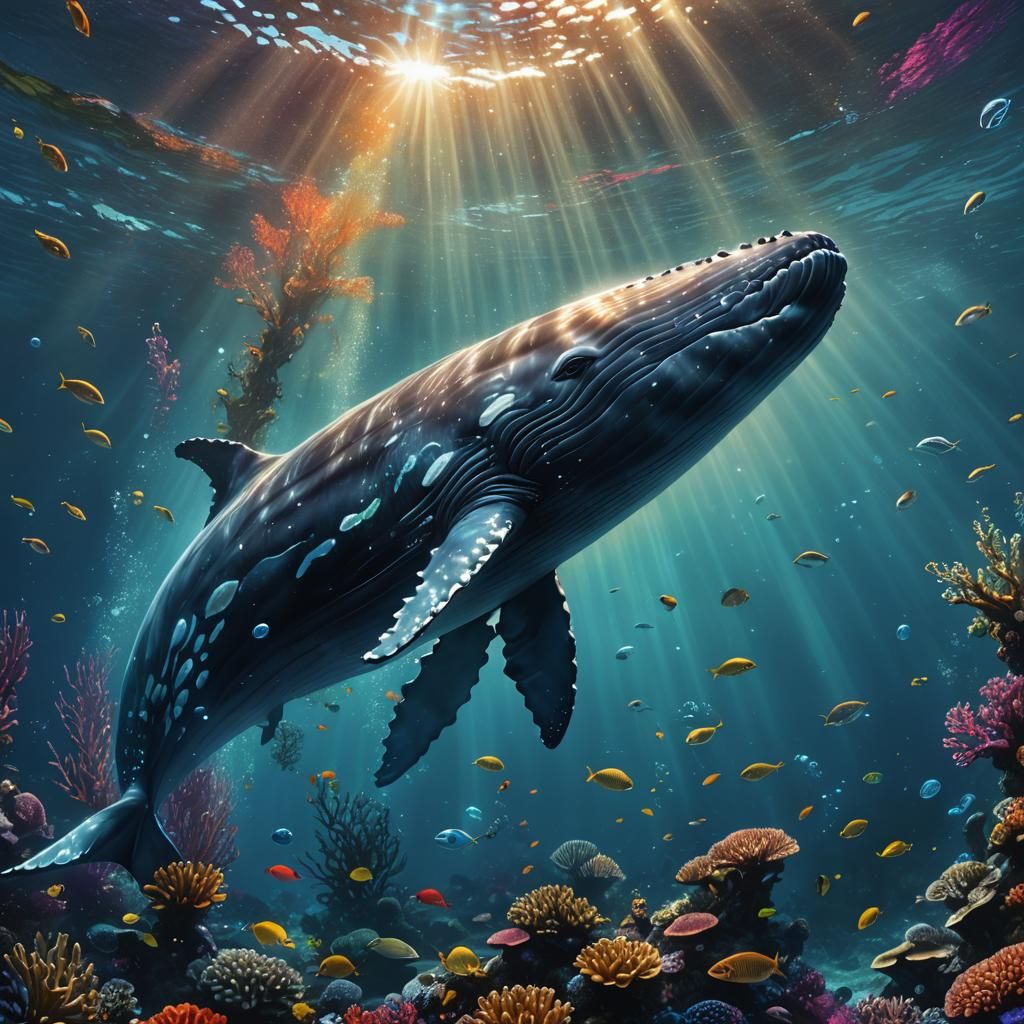 Bioluminescent Whale in Enchanted Coral Reef