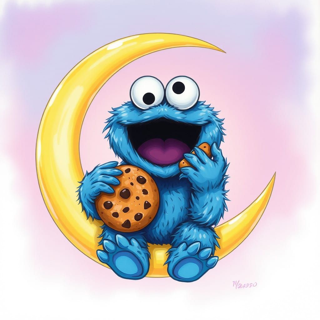Chibi Cookie Monster Savoring a Treat Under Crescent Moonlig...