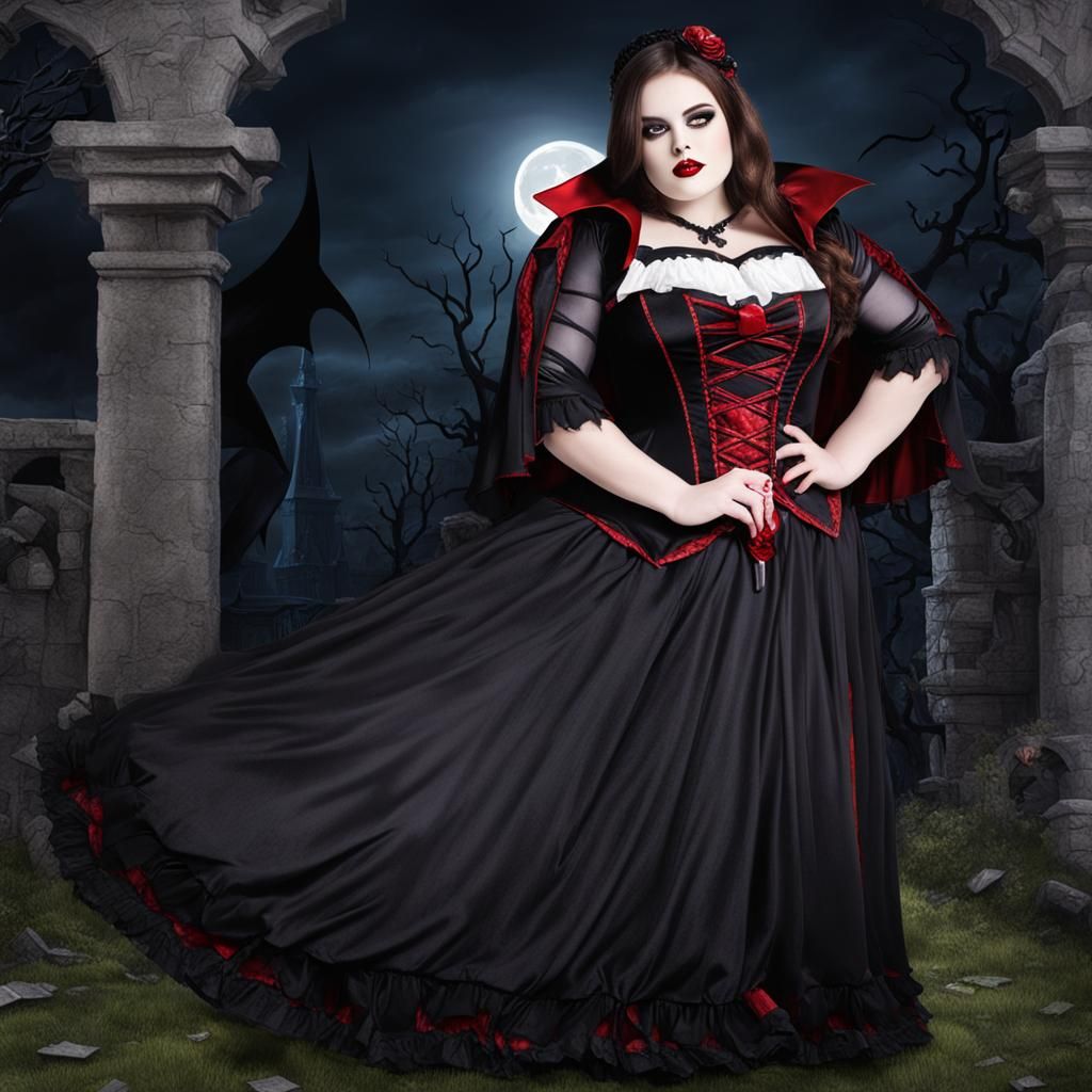 Attractive Vampire Girl in Low-Cut Dress