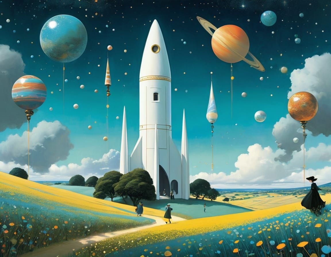 Cyan Rocket Flies Through Marbles in Space