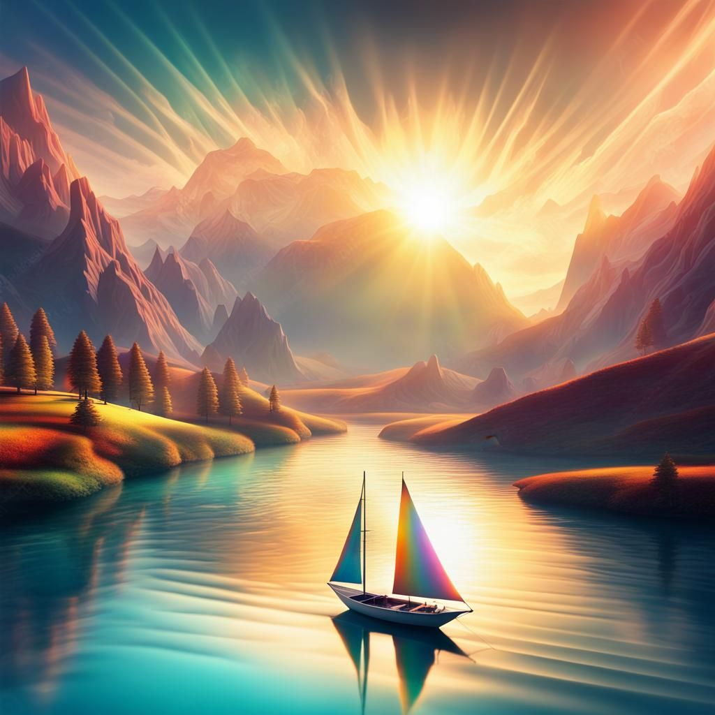 Holographic Surreal Landscape with River and Mountains