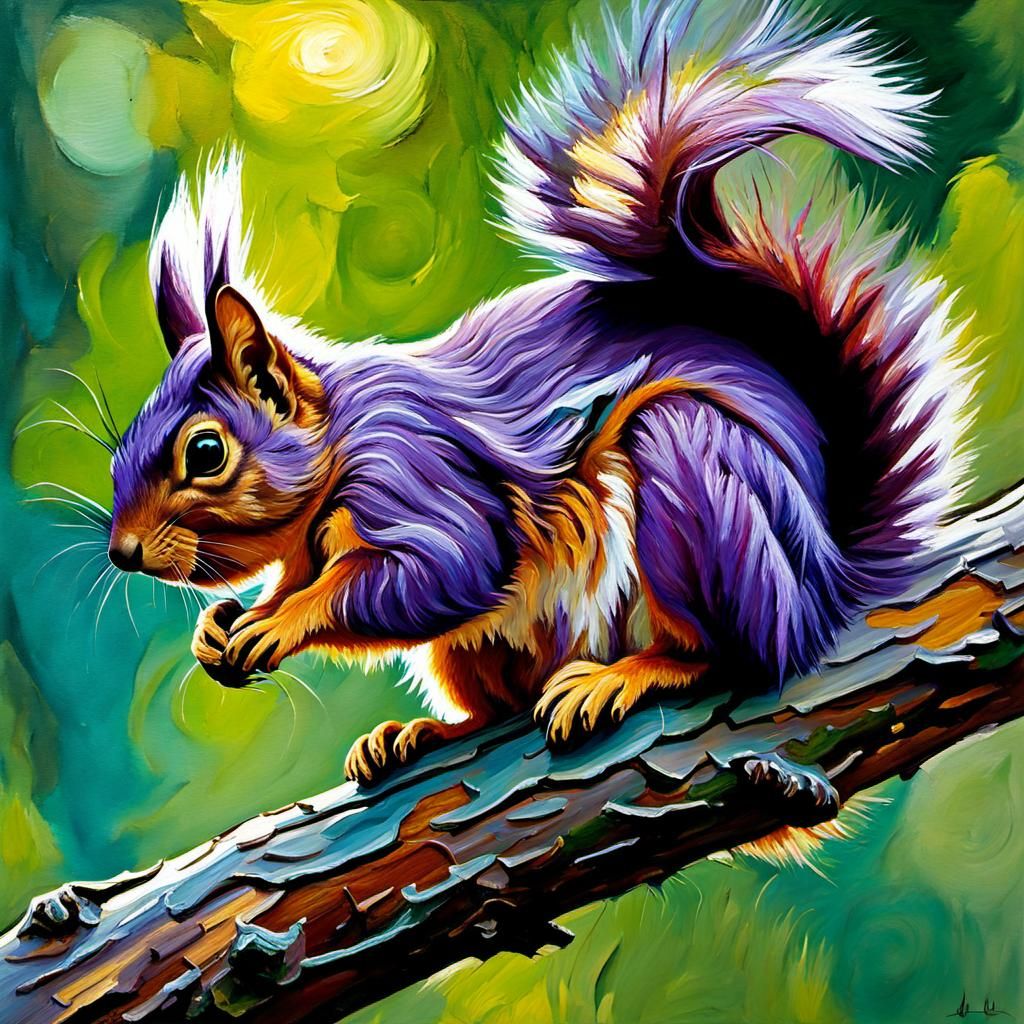 Purple Squirrel on Branch in Expressive Oil Painting