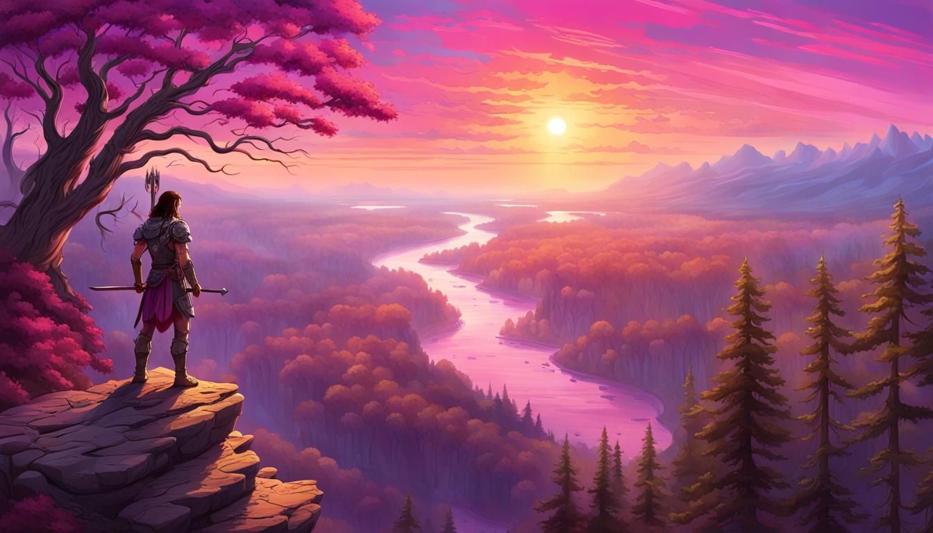 Lone Warrior Overlooking Mystical Forest at Sunset