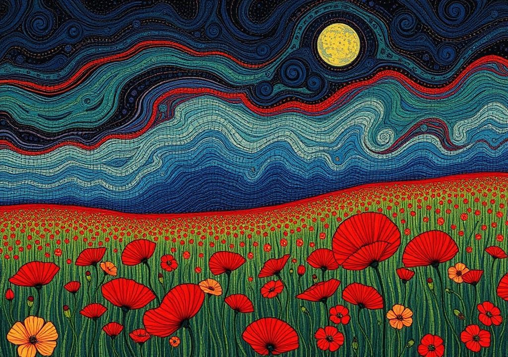 Stormy Poppy Field in Abstract Expressionist Style