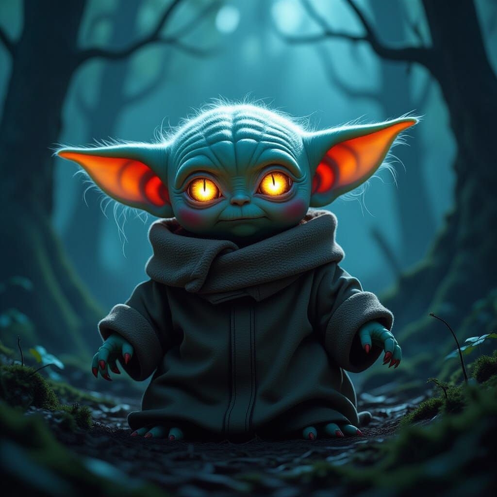 Eldritch Baby Yoda in Gothic Forest