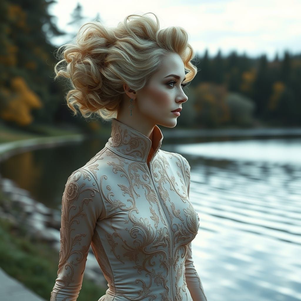Elegant Woman in Latex Dress by Lake