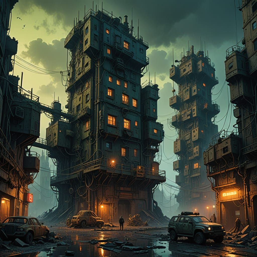 Post-Apocalyptic Cyberpunk Factory in Grim Art Style