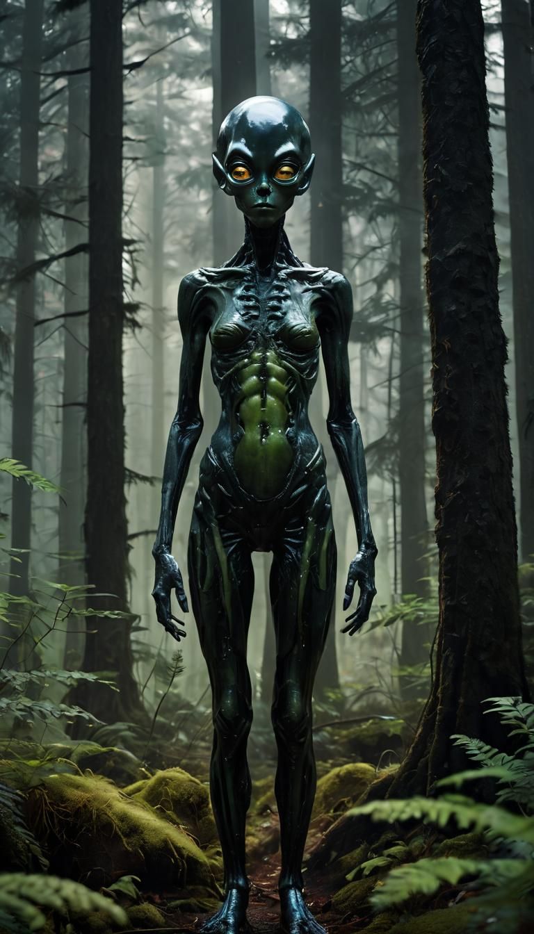 Creepy Alien in a Dark Forest, Hyperrealistic Oil Painting
