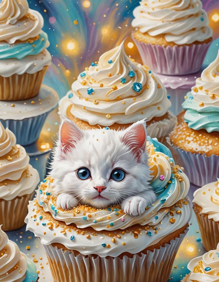 Kitten on Cupcake: Whimsical Oil Painting