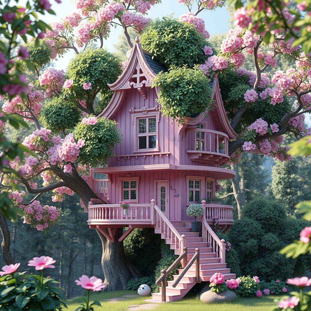 Whimsical Pink Treehouse in Anime Style
