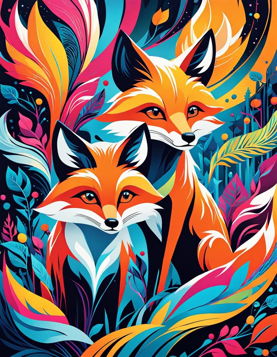 Foxes in a Vibrant Forest: Kandinsky-Inspired Comic Art
