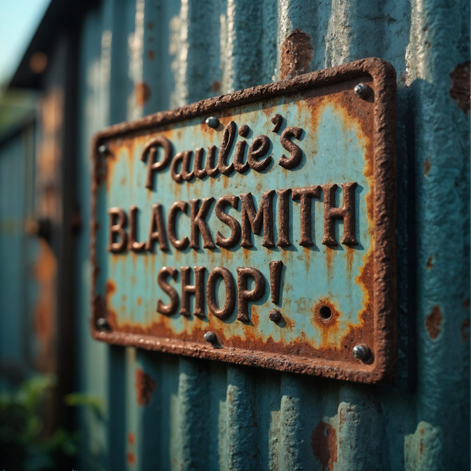 Detailed Macro Photo of Paulie's Blacksmith Shop Sign