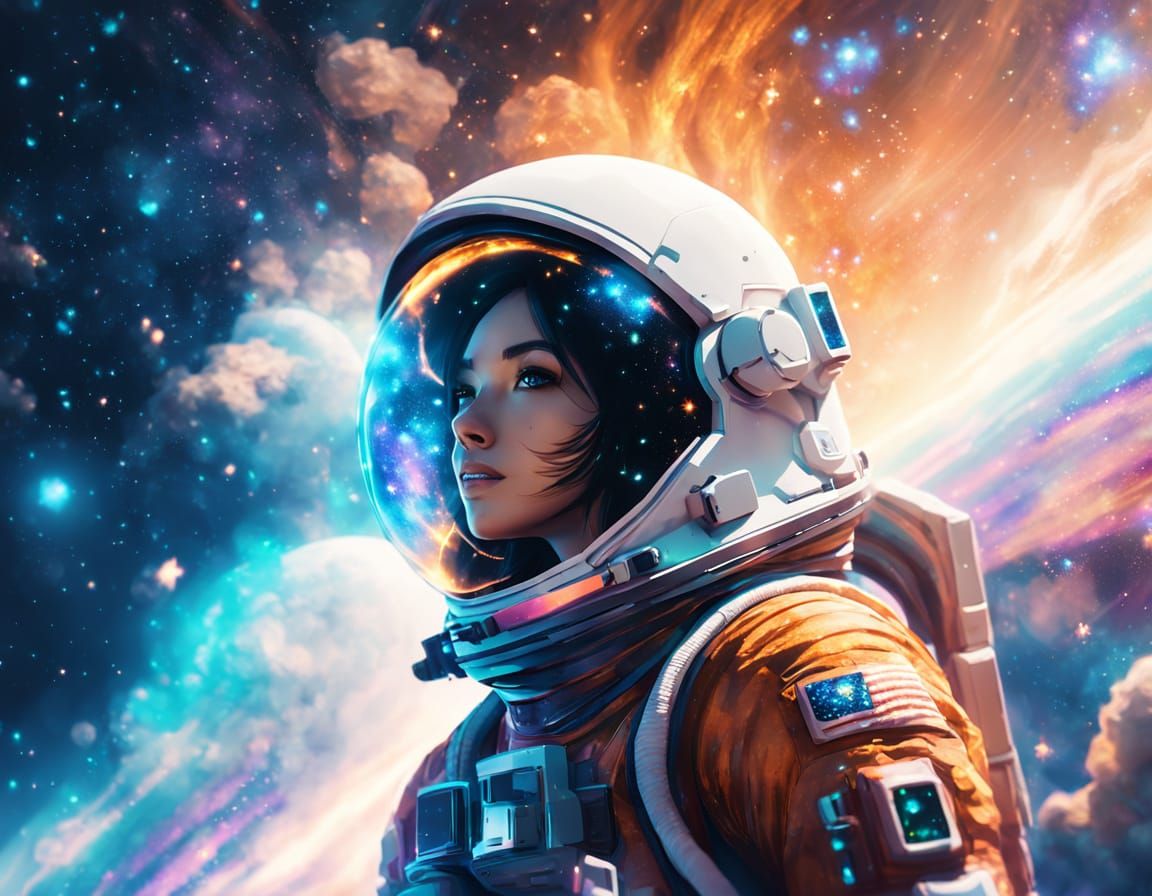 Astronaut Girl Floating in Vibrant Anime Galaxy