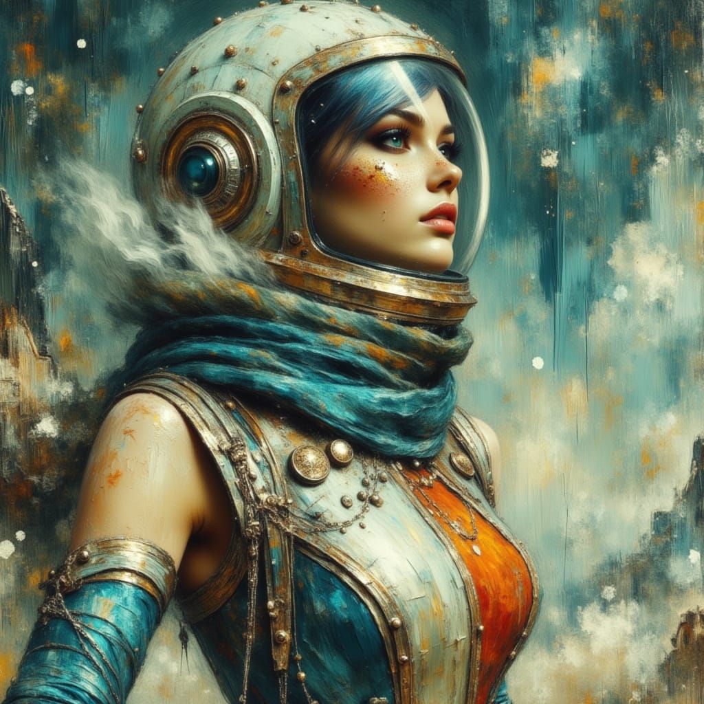 Retro-Futuristic Woman with Ray Gun in Oil Painting Style