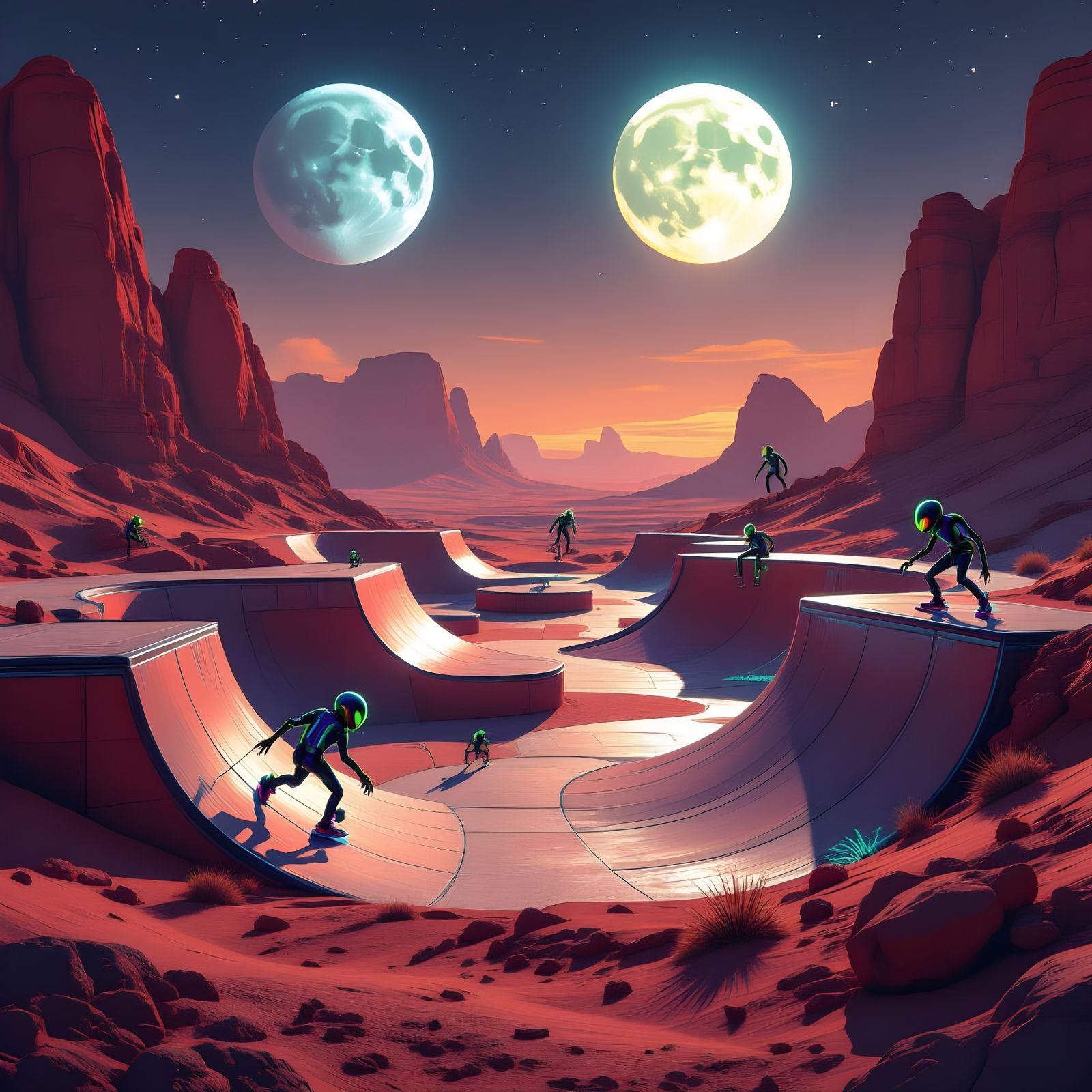 Alien Skatepark on Mars Under Two Moons