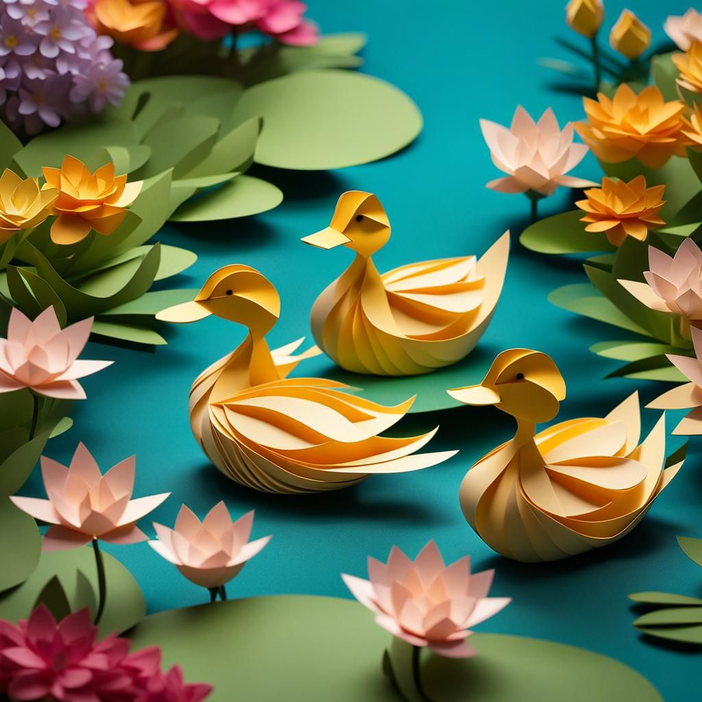 Paper Ducklings on Pond in Origami Style