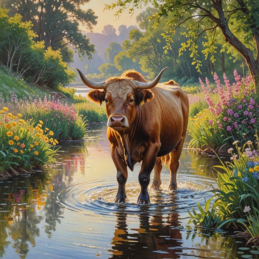 Impressionist Ox in River of Flowers