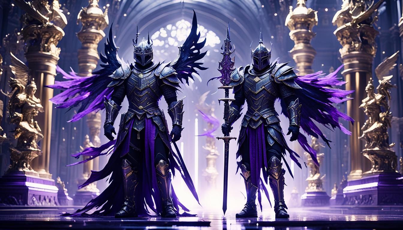 Winged Knight in Gothic Hallway, Cinematic Lighting