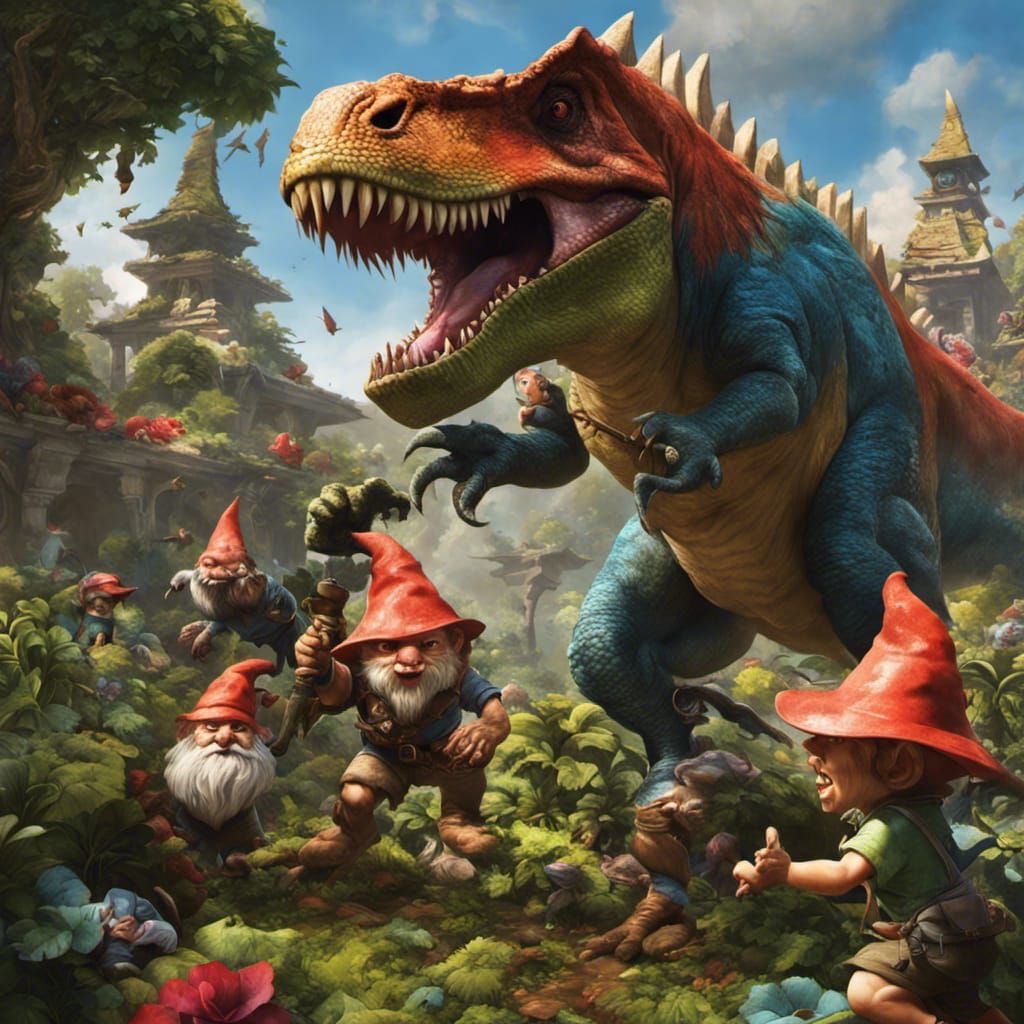 Tyrannosaurus Rex Attacking Garden Gnomes