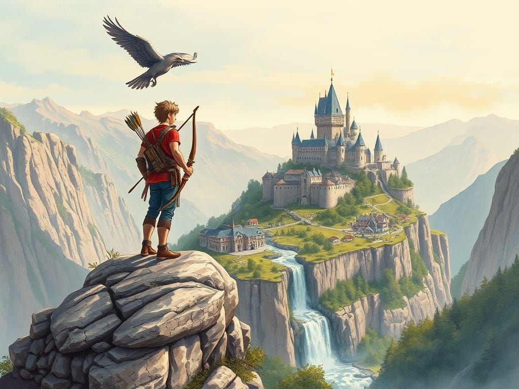 Young Archer on Cliffside in Fairyland Landscape