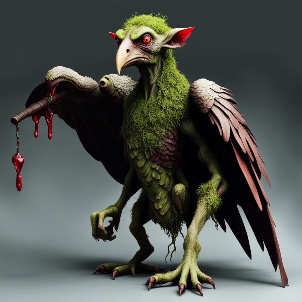 Eerie Goblin with Vulture Neck in Dark Forest