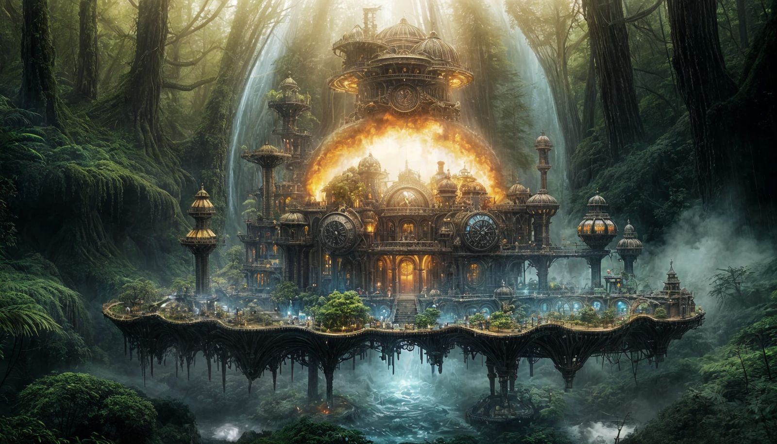 Steampunk Golem Emerges from Rainforest in Cyan Fog