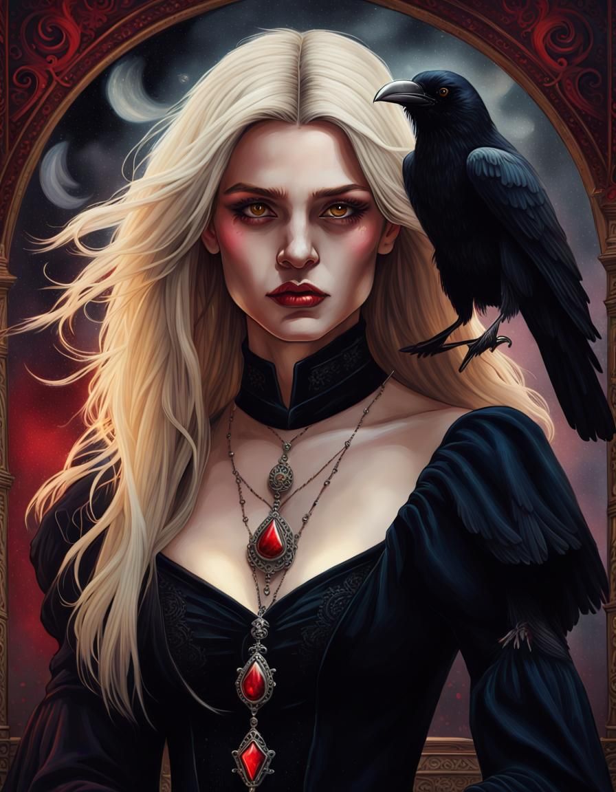 tarot, beautiful wicked female occultist, sweeping ombre blonde hair, red eyes, high cheekbones, Victorian, black velvet...