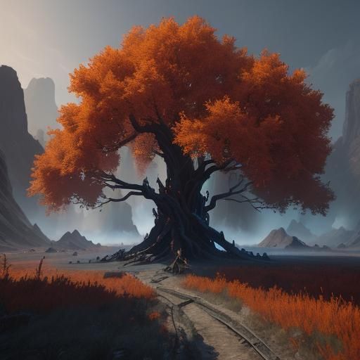 Fantastical 3D Fire Trees in Detailed Matte Painting